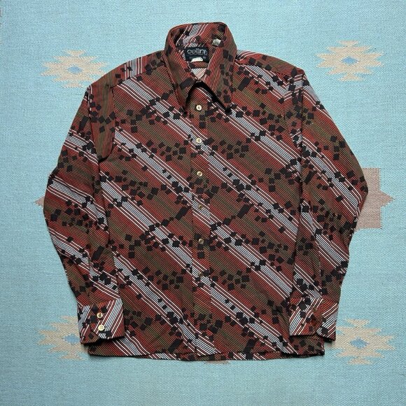 Cellini Other - Vintage 70s long sleeve button shirt polyester dagger collar abstract mod medium